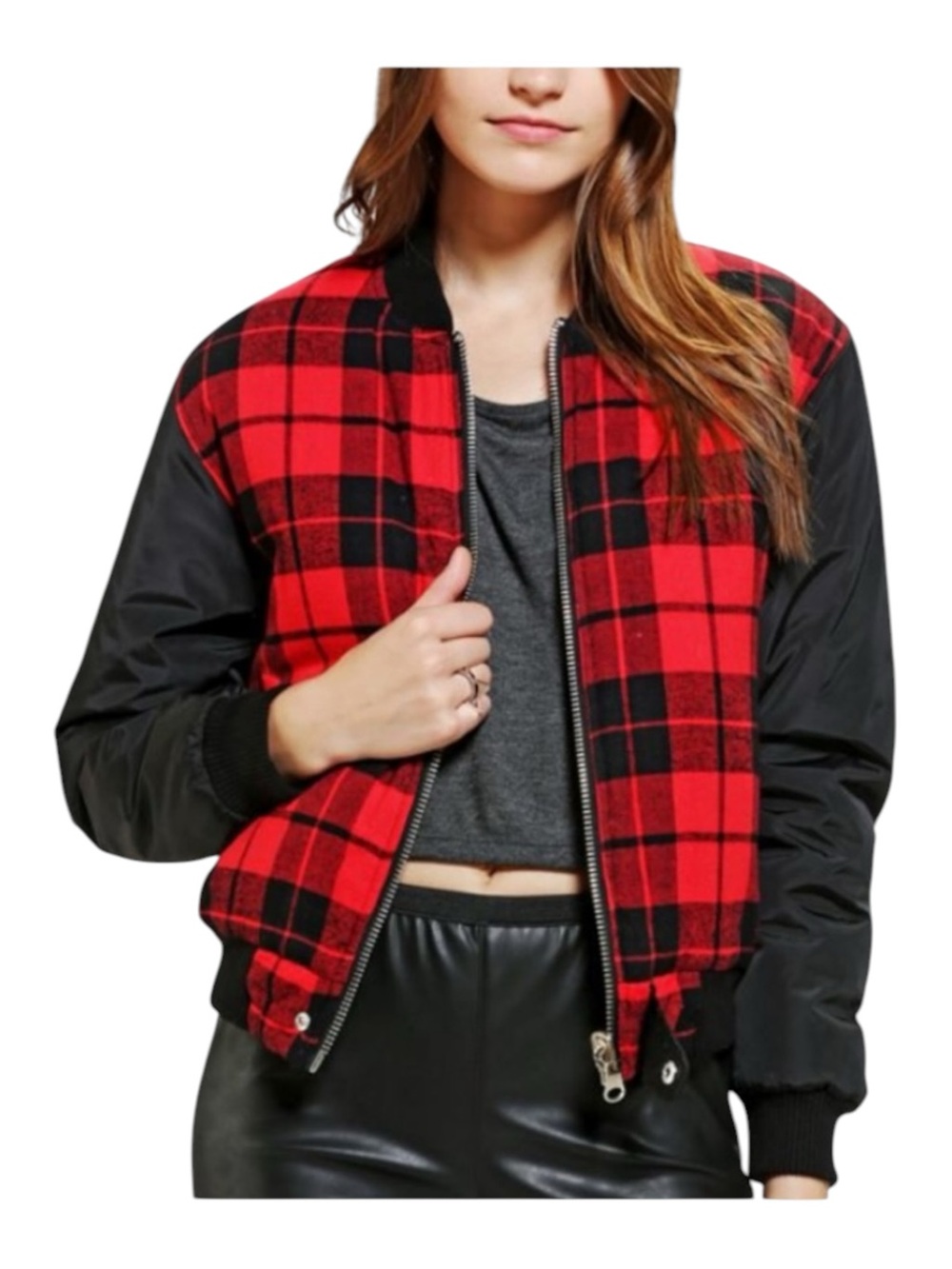 Y2K: UNIF 𖤐 Plaid Reversible Baddie Bomber Jacket 𖤐 Red Buffalo Plaid Black 𖤐 S - Picture 2 of 16